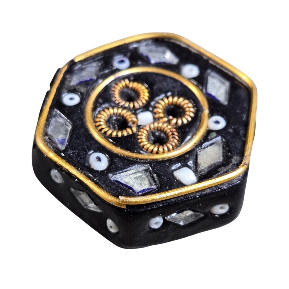 Vintage India Lac Resin Hexagon Trinket Box Mirror Inlay Brass Wire Pill Box